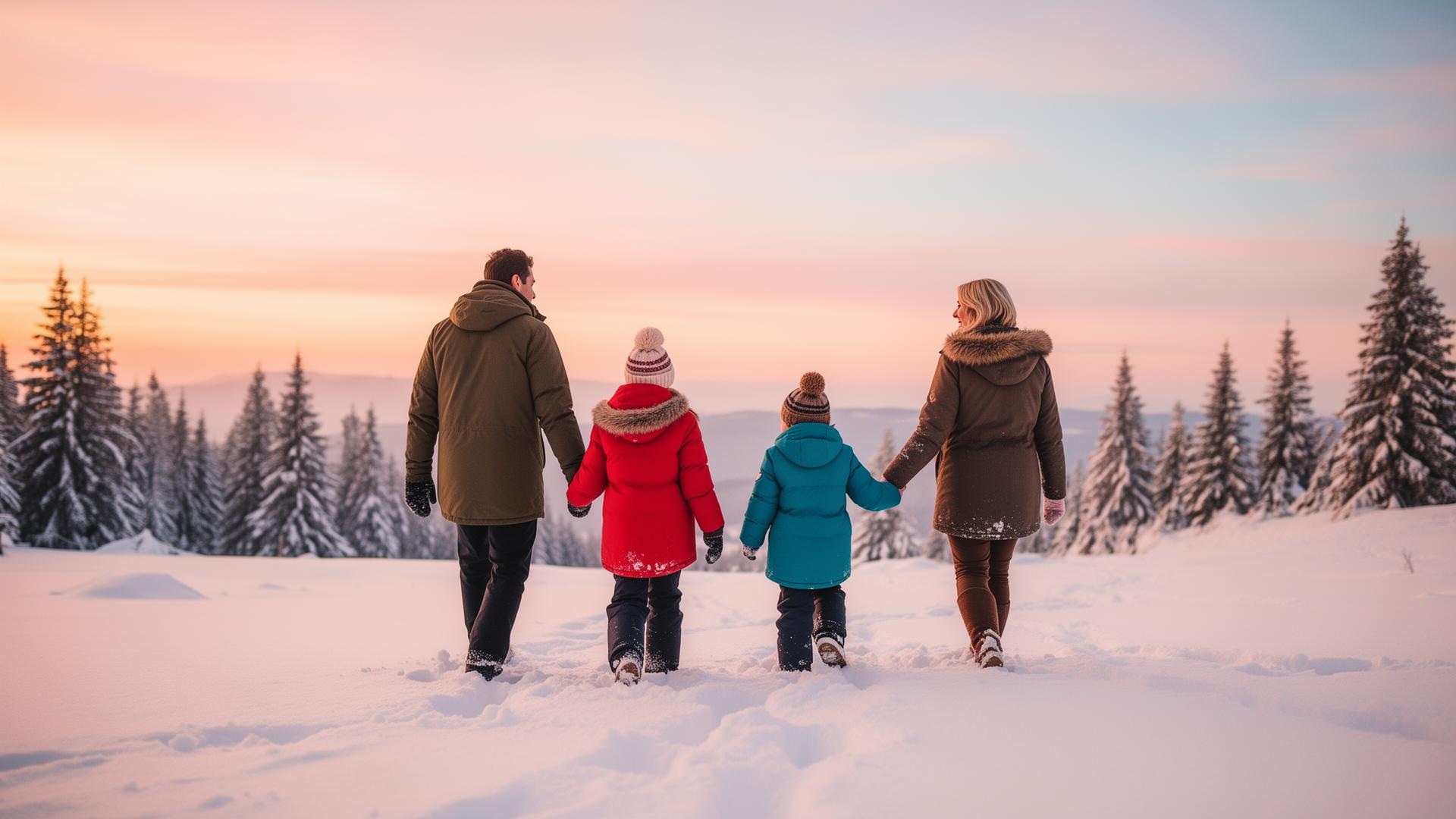 Gezin met twee kinderen wandelt samen door verse sneeuw bij zonsondergang